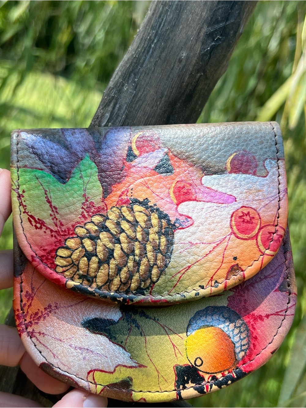 Anuschka Multicolor Pinecone & Acorn Leather Coin Pouch